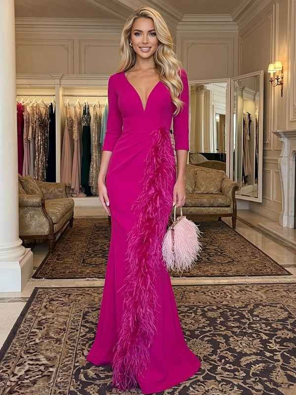 Sheath/Column V-Neck Stretch Satin Cocktail Dresses With Feathers 3/4 Sleeves Floor-Length Party Dresses