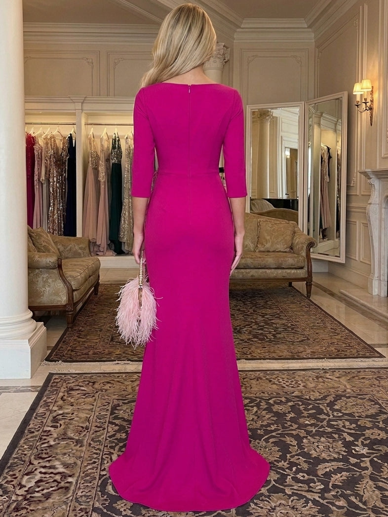 Sheath/Column V-Neck Stretch Satin Cocktail Dresses With Feathers 3/4 Sleeves Floor-Length Party Dresses