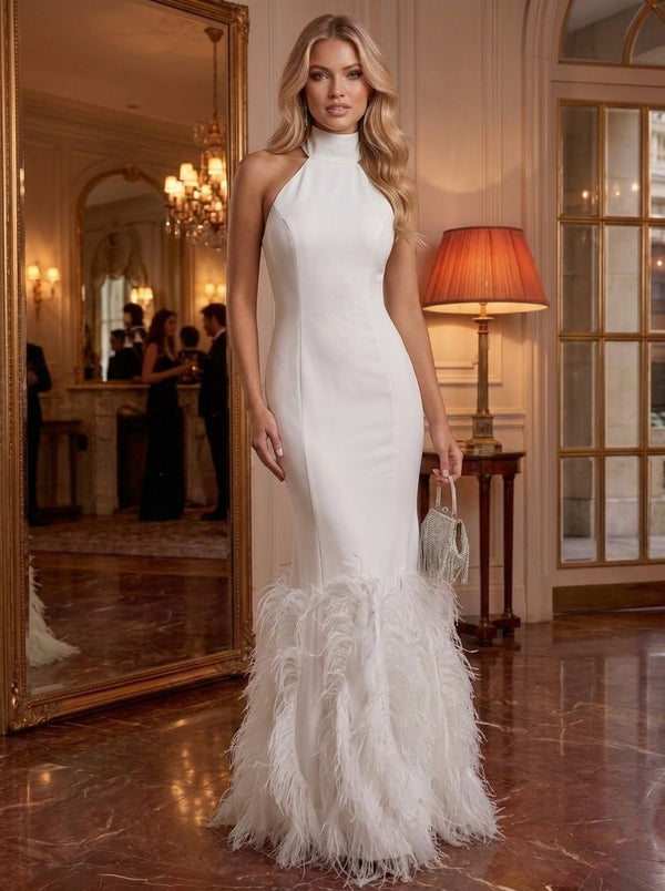 Sheath/Column Mock Neck Stretch Satin Cocktail Dresses With Feathers Sleeveless Floor-Length Party Dresses