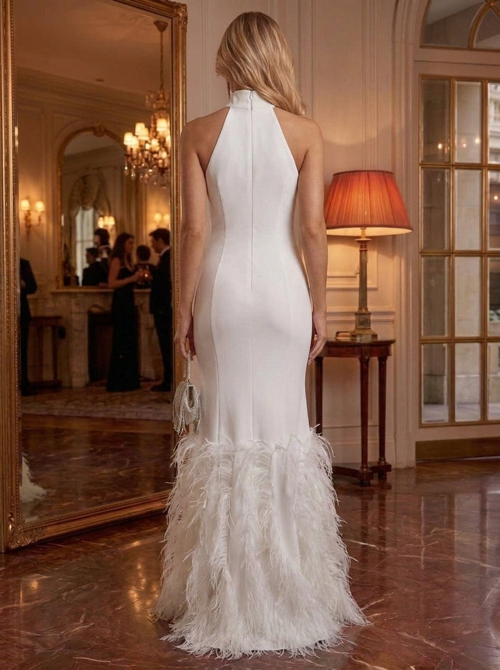 Sheath/Column Mock Neck Stretch Satin Cocktail Dresses With Feathers Sleeveless Floor-Length Party Dresses