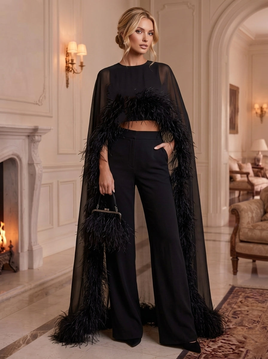 3 Pieces Boat Neck Chiffon Cocktail Pantsuits with Feathers Cape Sleeves Floor-Length Party Dresses