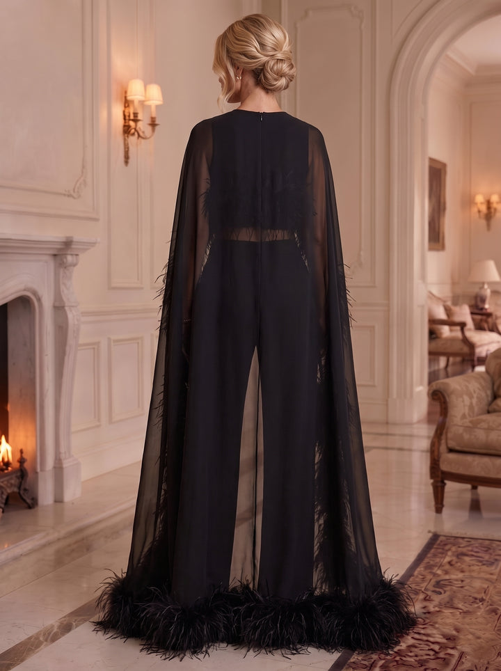 3 Pieces Boat Neck Chiffon Cocktail Pantsuits with Feathers Cape Sleeves Floor-Length Party Dresses