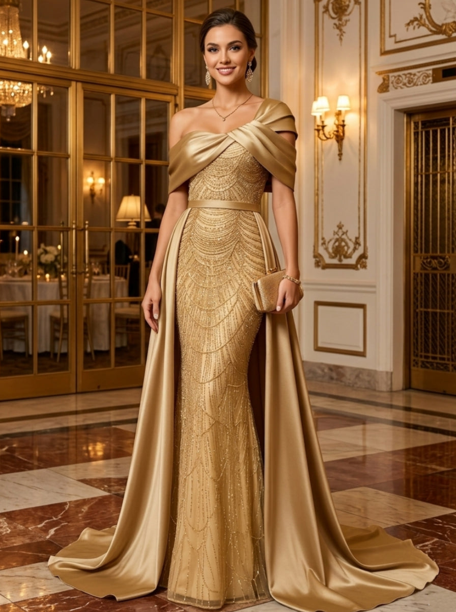 Sheath/Column One-Shoulder Satin Evening Dresses with Overskirt Sequins Floor-Length Sleeveless Formal Dresses
