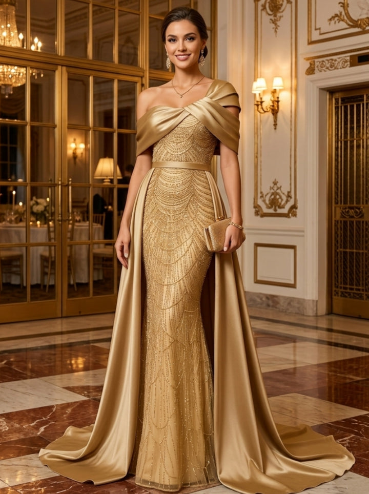 Sheath/Column One-Shoulder Satin Evening Dresses with Overskirt Sequins Floor-Length Sleeveless Formal Dresses
