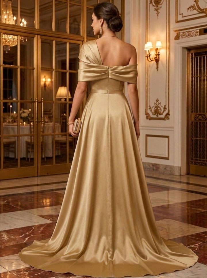 Sheath/Column One-Shoulder Satin Evening Dresses with Overskirt Sequins Floor-Length Sleeveless Formal Dresses