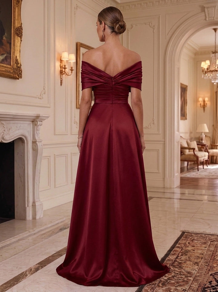 Sheath/Column Off-the-Shoulder Satin Evening Dresses with Overskirt Floral Sequins Floor-Length Ruched Sleeveless Formal Dresses