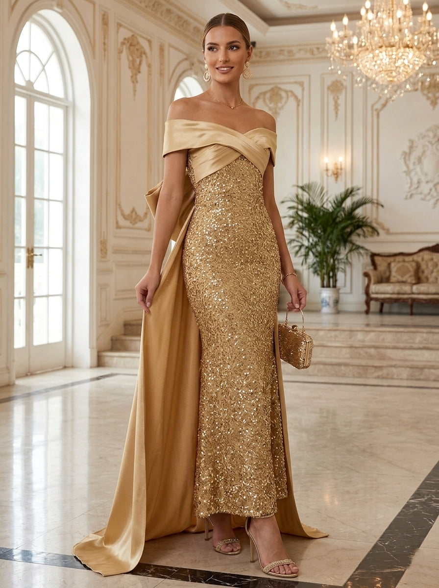 Sheath/Column Off-the-Shoulder Satin Evening Dresses with Watteau Train Sequins Bowknot Ankle-Length Sleeveless Formal Dresses