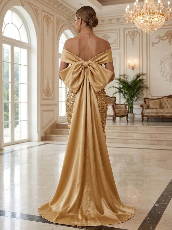 Sheath/Column Off-the-Shoulder Satin Evening Dresses with Watteau Train Sequins Bowknot Ankle-Length Sleeveless Formal Dresses