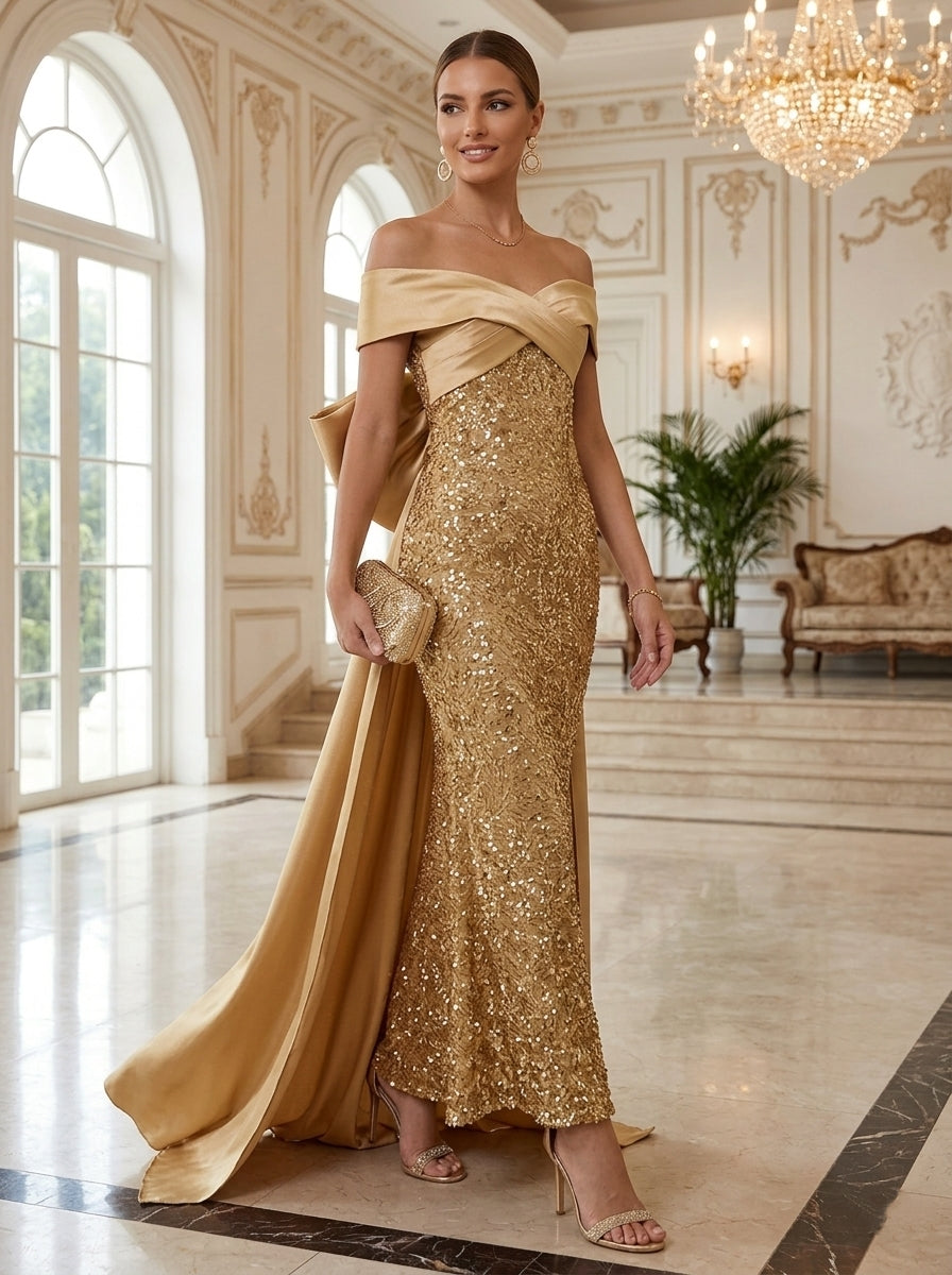 Sheath/Column Off-the-Shoulder Satin Evening Dresses with Watteau Train Sequins Bowknot Ankle-Length Sleeveless Formal Dresses