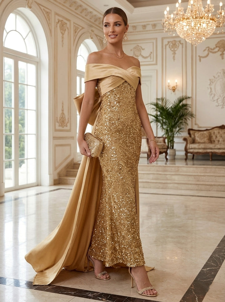 Sheath/Column Off-the-Shoulder Satin Evening Dresses with Watteau Train Sequins Bowknot Ankle-Length Sleeveless Formal Dresses