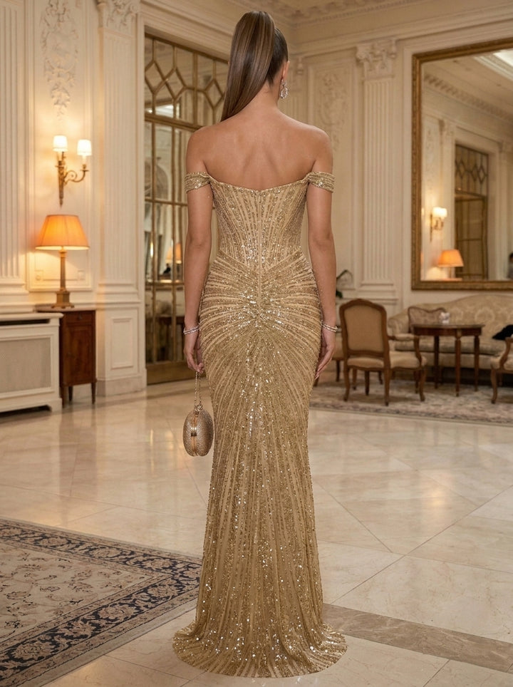 Sheath/Column Off-the-Shoulder Sequins Evening Dresses Floor-Length Sleeveless Ruched Formal Dresses