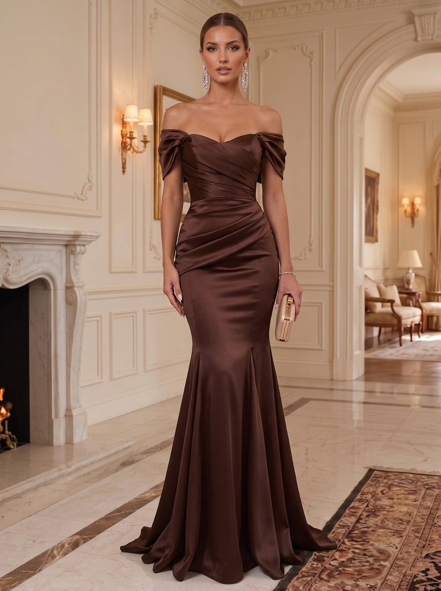 Trumpet/Mermaid Off-the-Shoulder Satin Formal Dresses Ruched Floor-Length Sleeveless Evening Dresses