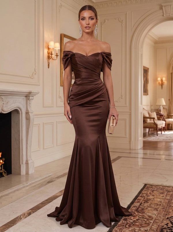 Trumpet/Mermaid Off-the-Shoulder Satin Formal Dresses Ruched Floor-Length Sleeveless Evening Dresses