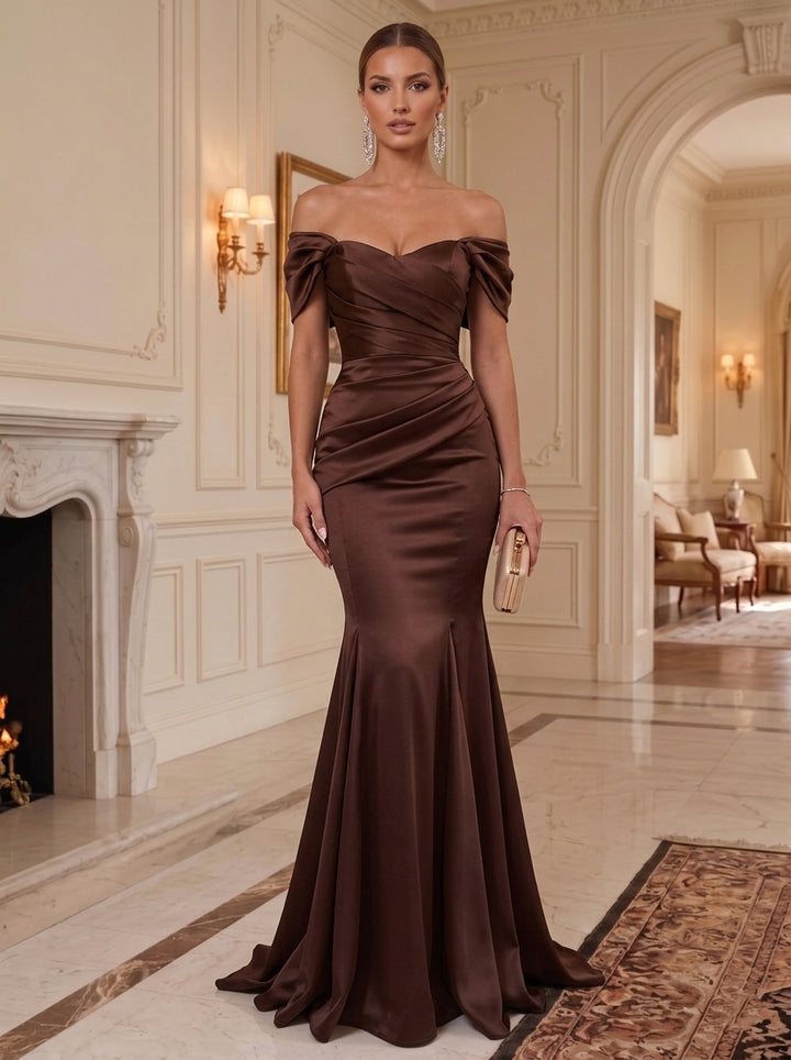 Trumpet/Mermaid Off-the-Shoulder Satin Formal Dresses Ruched Floor-Length Sleeveless Evening Dresses