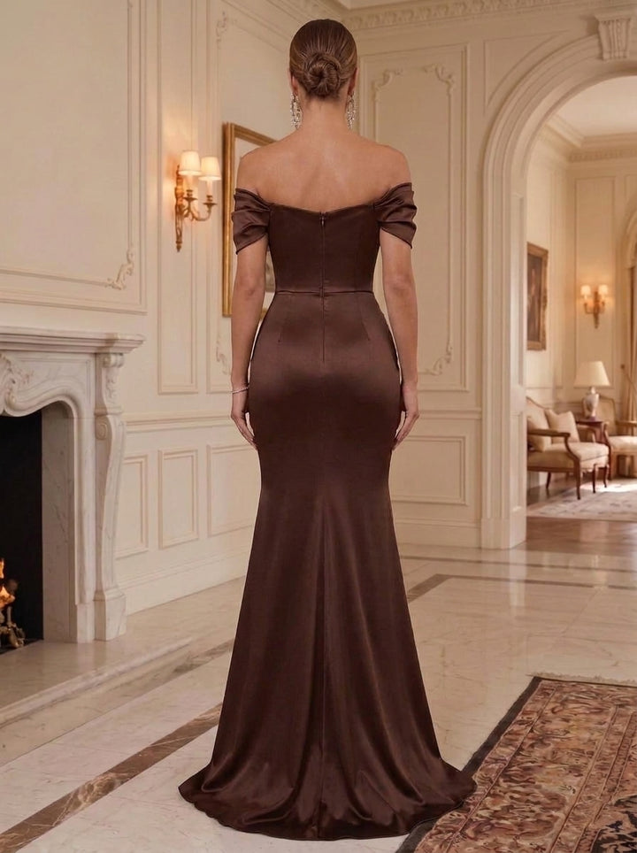 Trumpet/Mermaid Off-the-Shoulder Satin Formal Dresses Ruched Floor-Length Sleeveless Evening Dresses