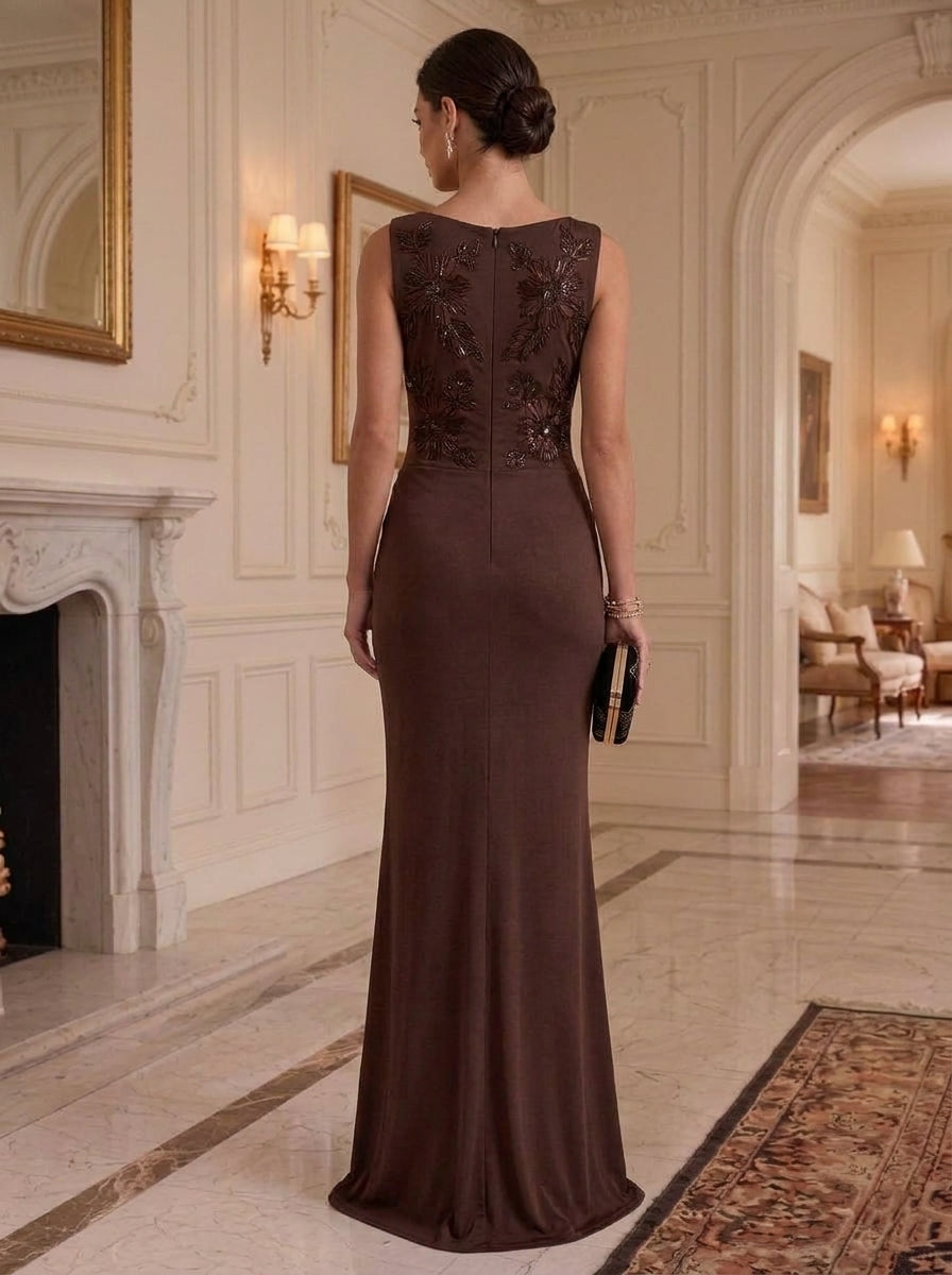 Sheath/Column Boat Neck Lace Embroidery Formal Dresses Sleeveless Floral Floor-Length Ruched Evening Dresses