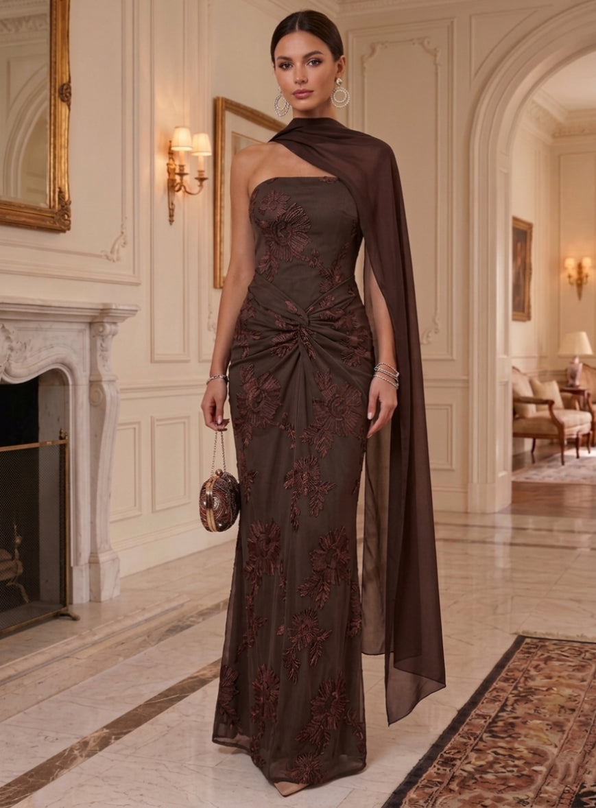 Sheath/Column Strapless Lace Embroidery Formal Dresses with Cape Sleeveless Floral Floor-Length Ruched Evening Dresses