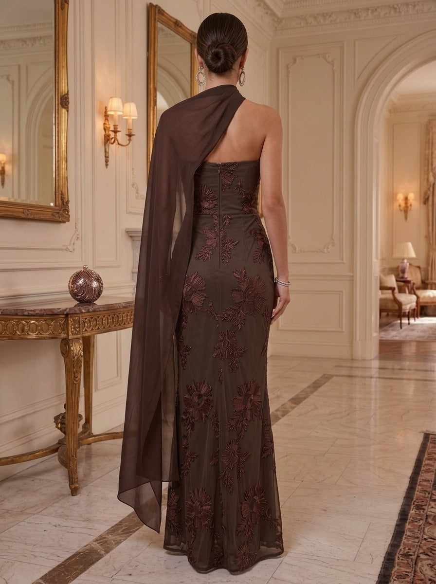Sheath/Column Strapless Lace Embroidery Formal Dresses with Cape Sleeveless Floral Floor-Length Ruched Evening Dresses