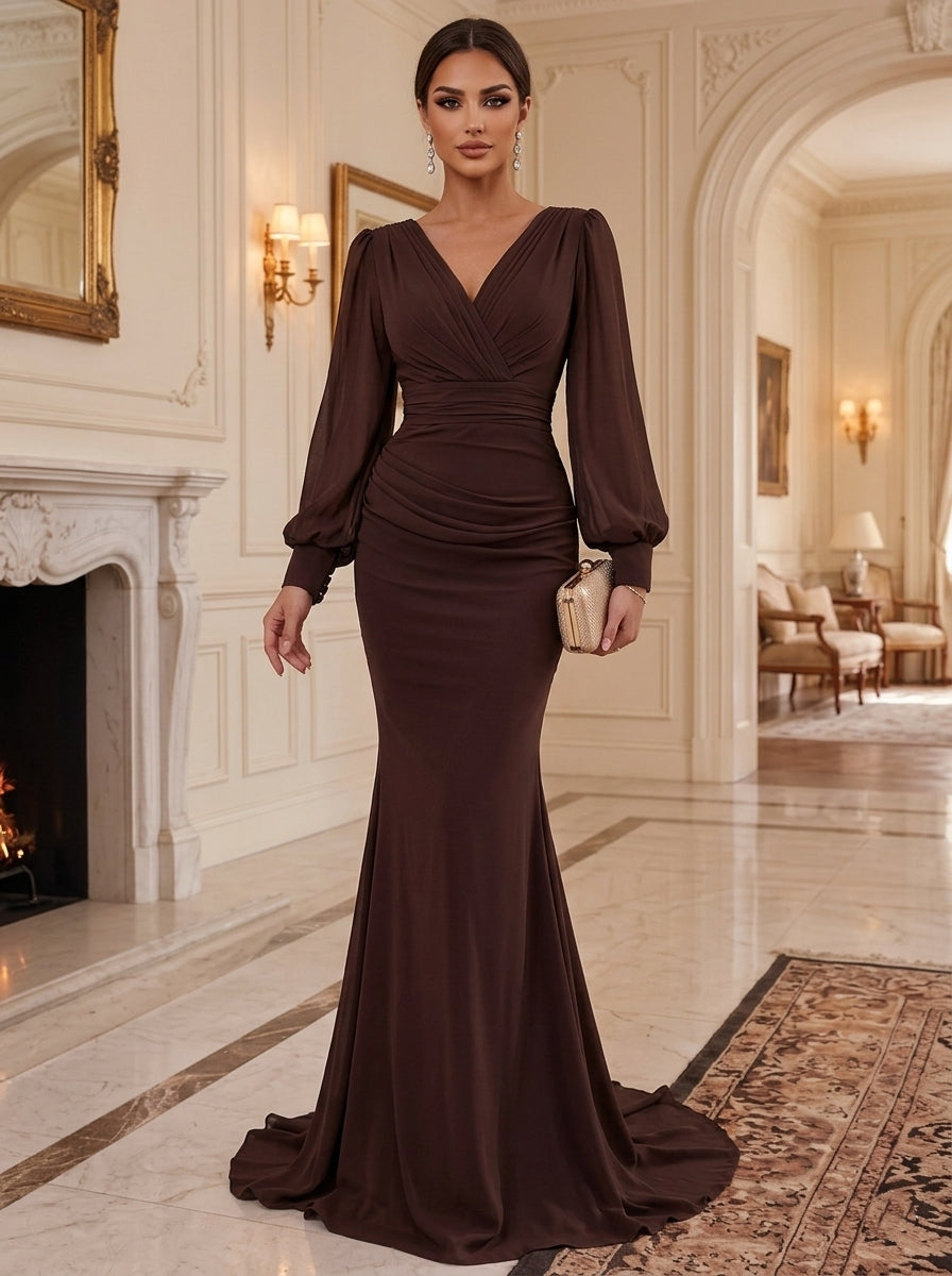 Trumpet/Mermaid V-Neck Chiffon Formal Dresses Ruched Floor-Length Long Sleeves Evening Dresses