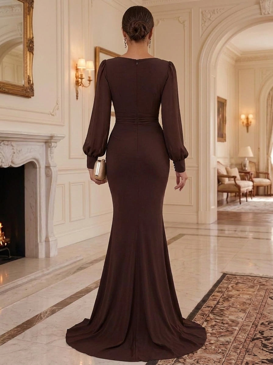 Trumpet/Mermaid V-Neck Chiffon Formal Dresses Ruched Floor-Length Long Sleeves Evening Dresses