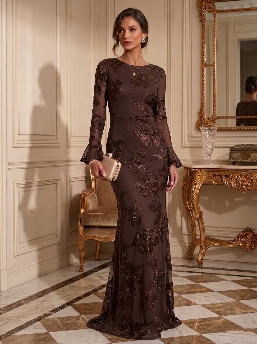 Sheath/Column Jewl Neck Lace Embroidery Formal Dresses Long Sleeves Floral Floor-Length Evening Dresses