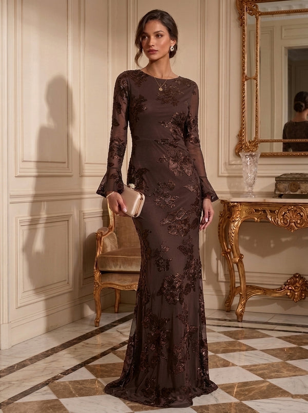 Sheath/Column Jewl Neck Lace Embroidery Formal Dresses Long Sleeves Floral Floor-Length Evening Dresses