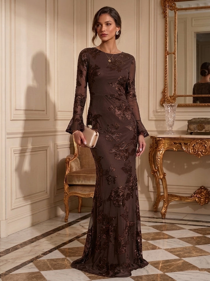 Sheath/Column Jewl Neck Lace Embroidery Formal Dresses Long Sleeves Floral Floor-Length Evening Dresses