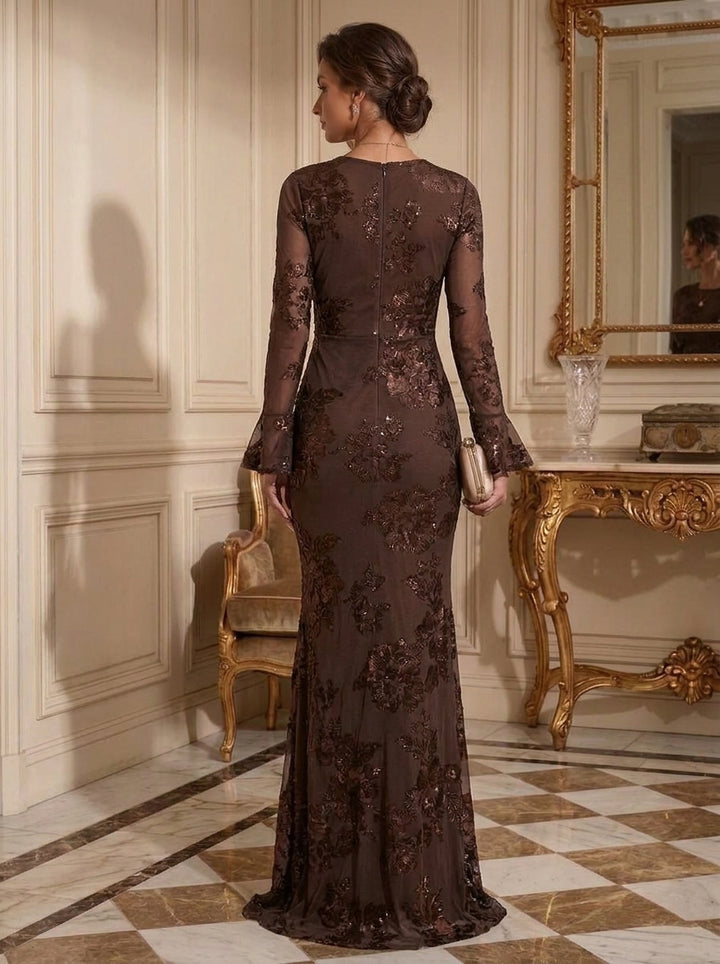 Sheath/Column Jewl Neck Lace Embroidery Formal Dresses Long Sleeves Floral Floor-Length Evening Dresses