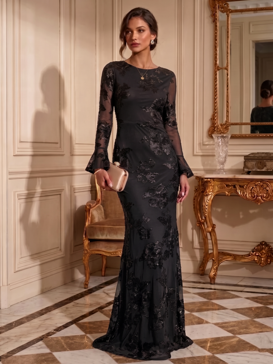 Sheath/Column Jewl Neck Lace Embroidery Formal Dresses Long Sleeves Floral Floor-Length Evening Dresses