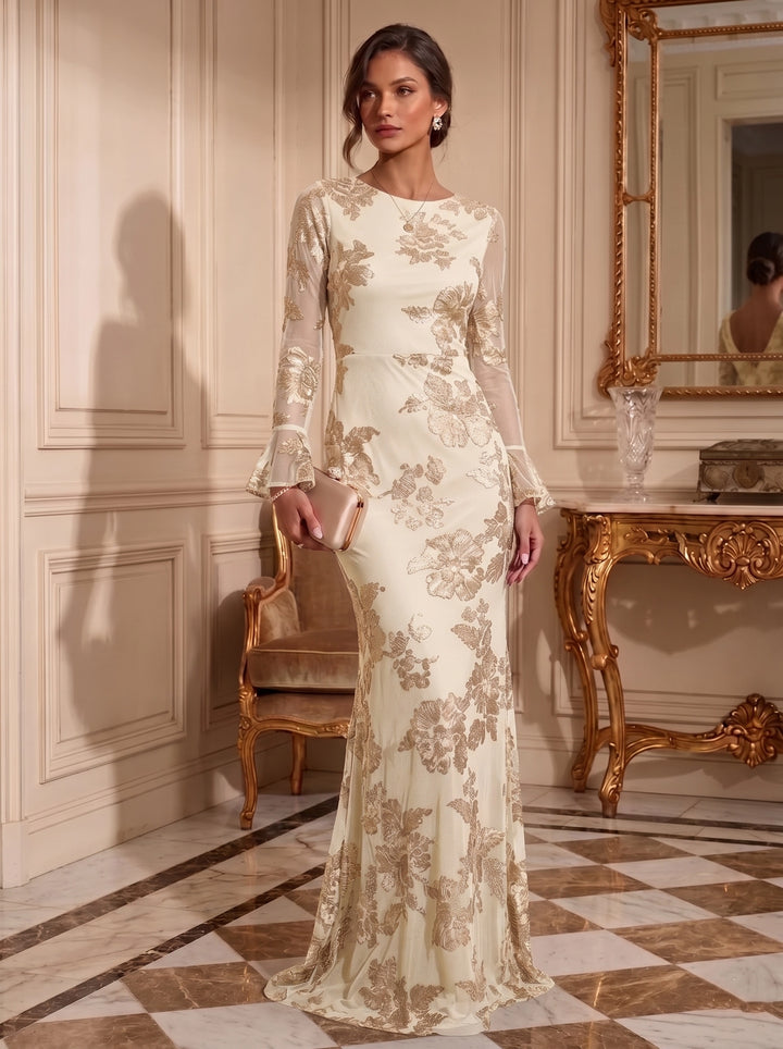 Sheath/Column Jewl Neck Lace Embroidery Formal Dresses Long Sleeves Floral Floor-Length Evening Dresses