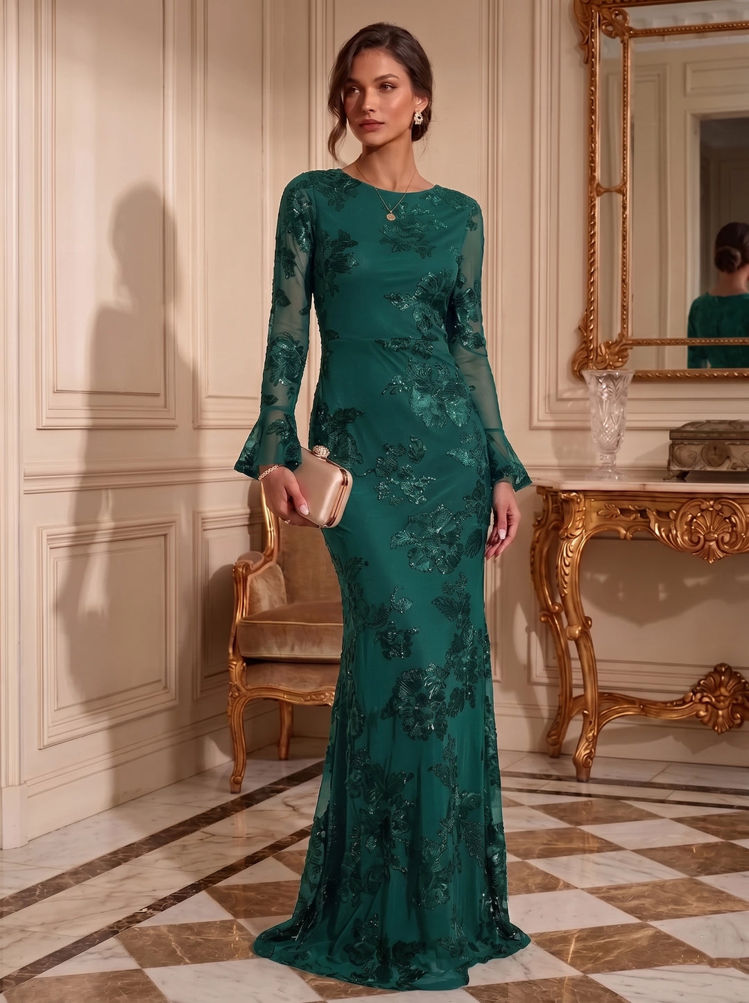 Sheath/Column Jewl Neck Lace Embroidery Formal Dresses Long Sleeves Floral Floor-Length Evening Dresses