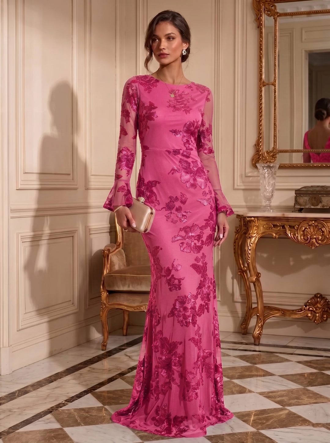Sheath/Column Jewl Neck Lace Embroidery Formal Dresses Long Sleeves Floral Floor-Length Evening Dresses