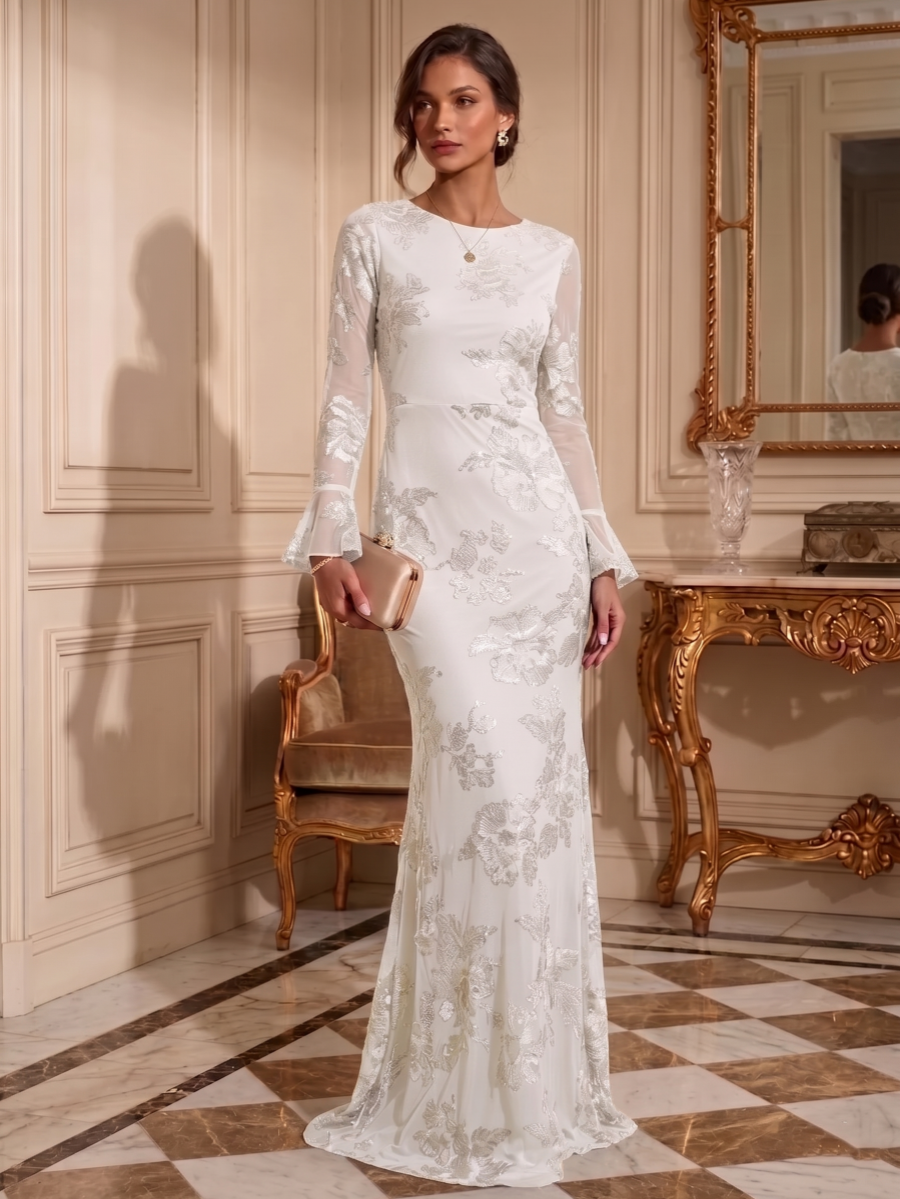 Sheath/Column Jewl Neck Lace Embroidery Formal Dresses Long Sleeves Floral Floor-Length Evening Dresses