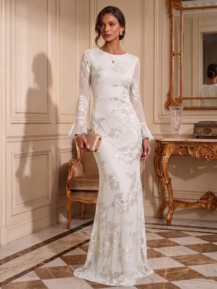 Sheath/Column Jewl Neck Lace Embroidery Formal Dresses Long Sleeves Floral Floor-Length Evening Dresses