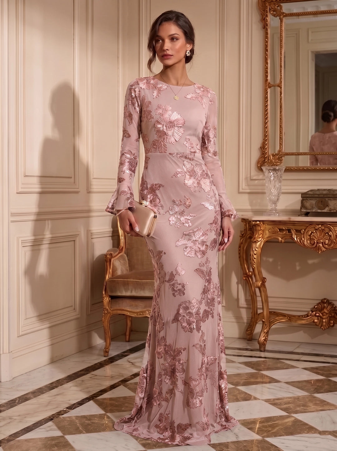 Sheath/Column Jewl Neck Lace Embroidery Formal Dresses Long Sleeves Floral Floor-Length Evening Dresses
