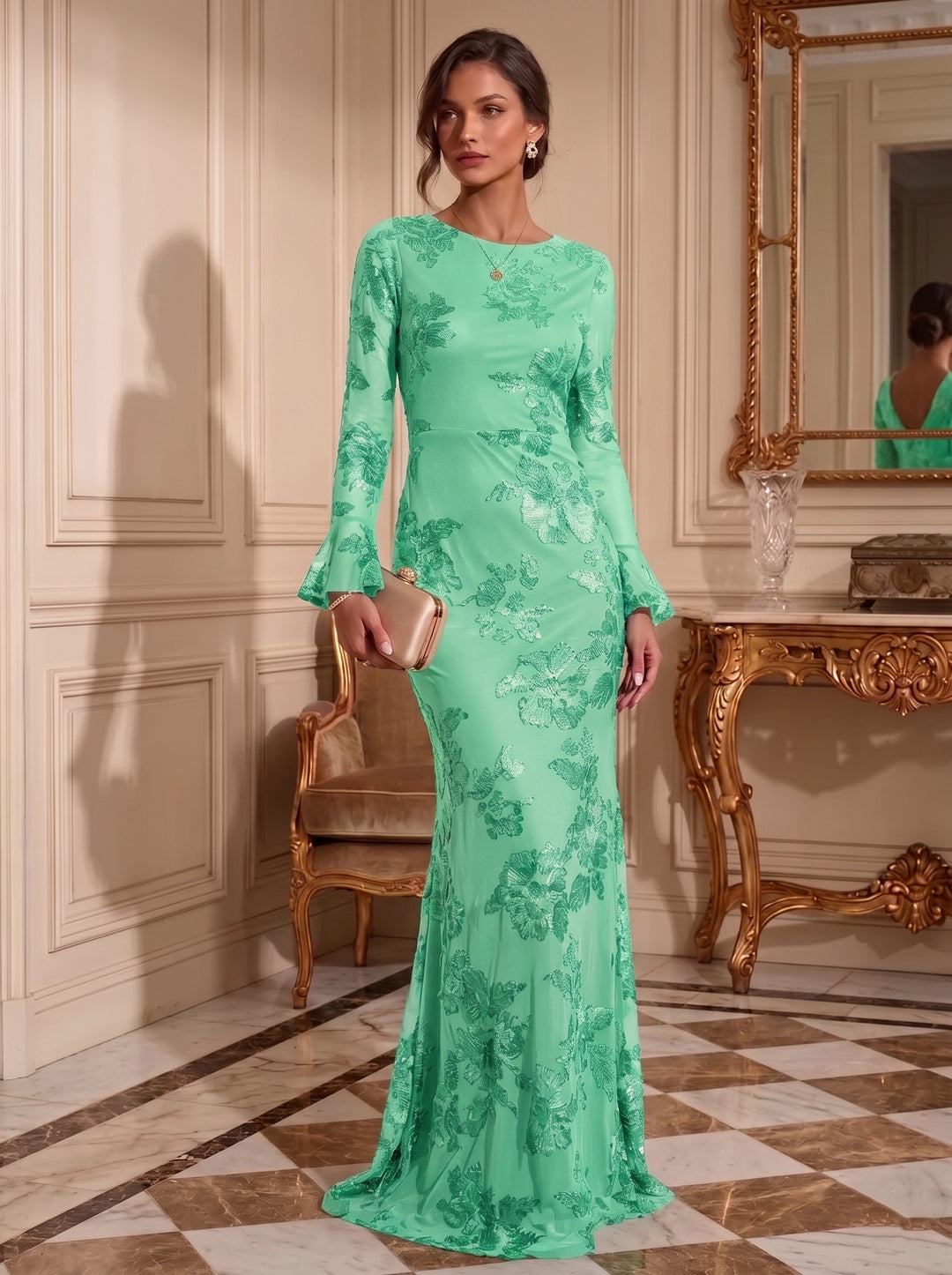 Sheath/Column Jewl Neck Lace Embroidery Formal Dresses Long Sleeves Floral Floor-Length Evening Dresses