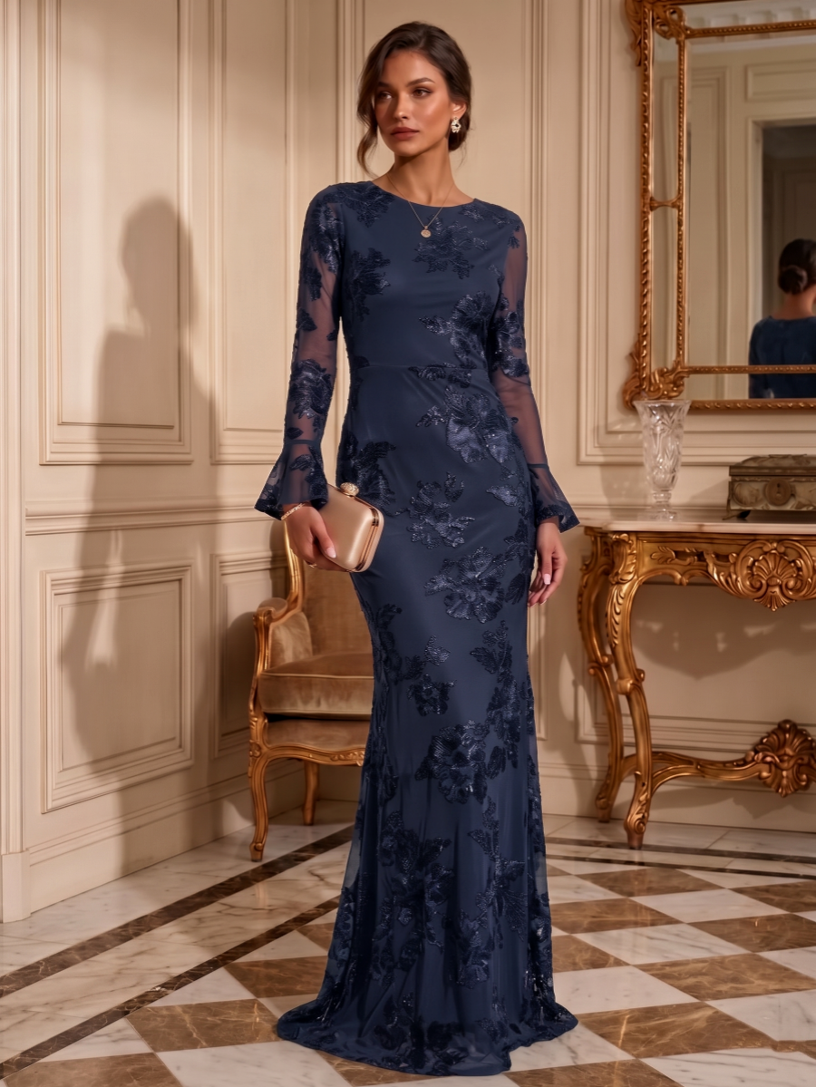 Sheath/Column Jewl Neck Lace Embroidery Formal Dresses Long Sleeves Floral Floor-Length Evening Dresses