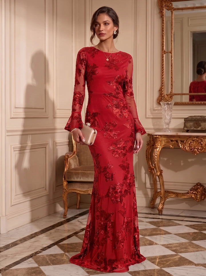 Sheath/Column Jewl Neck Lace Embroidery Formal Dresses Long Sleeves Floral Floor-Length Evening Dresses