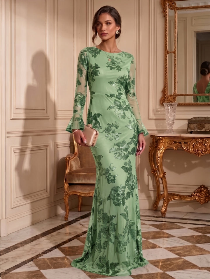 Sheath/Column Jewl Neck Lace Embroidery Formal Dresses Long Sleeves Floral Floor-Length Evening Dresses