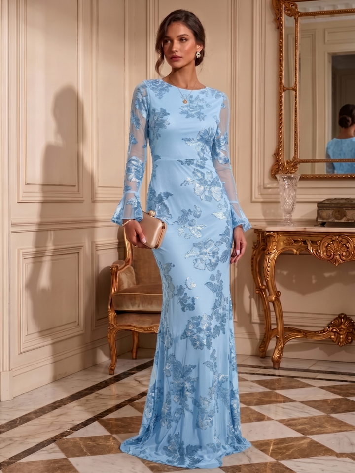 Sheath/Column Jewl Neck Lace Embroidery Formal Dresses Long Sleeves Floral Floor-Length Evening Dresses
