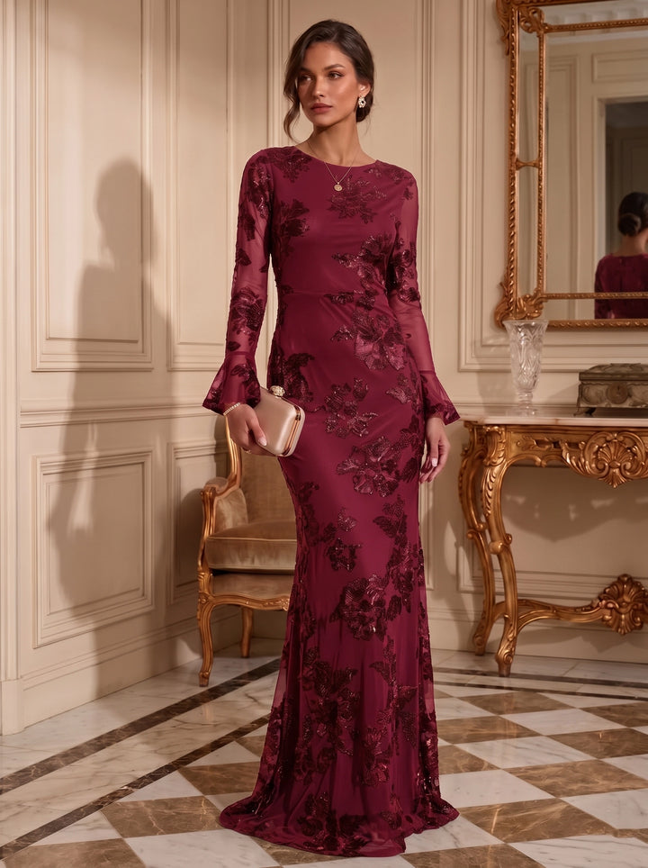 Sheath/Column Jewl Neck Lace Embroidery Formal Dresses Long Sleeves Floral Floor-Length Evening Dresses