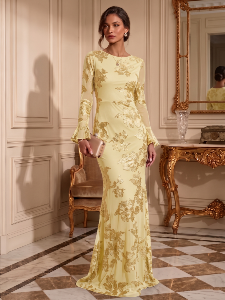 Sheath/Column Jewl Neck Lace Embroidery Formal Dresses Long Sleeves Floral Floor-Length Evening Dresses