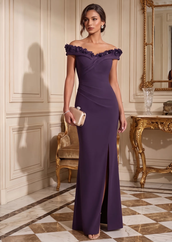 Sheath/Column Off-the-Shoulder Stretch Satin Formal Dresses with Split Side 3D Flowers Floor-Length Sleeveless Evening Dresses