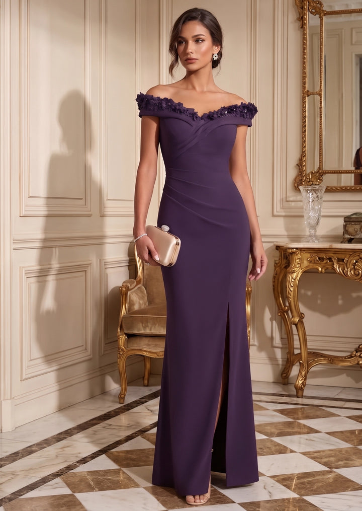 Sheath/Column Off-the-Shoulder Stretch Satin Formal Dresses with Split Side 3D Flowers Floor-Length Sleeveless Evening Dresses