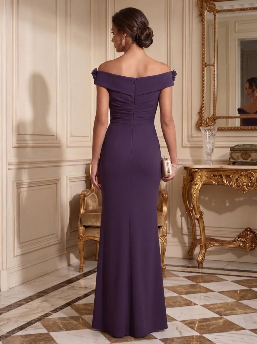 Sheath/Column Off-the-Shoulder Stretch Satin Formal Dresses with Split Side 3D Flowers Floor-Length Sleeveless Evening Dresses