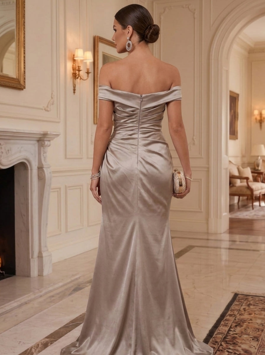 A-Line/Princess Off-the-Shoulder Stretch Matte Satin Formal Dresses with Split Side Ruched Floor-Length Sleeveless Evening Dresses