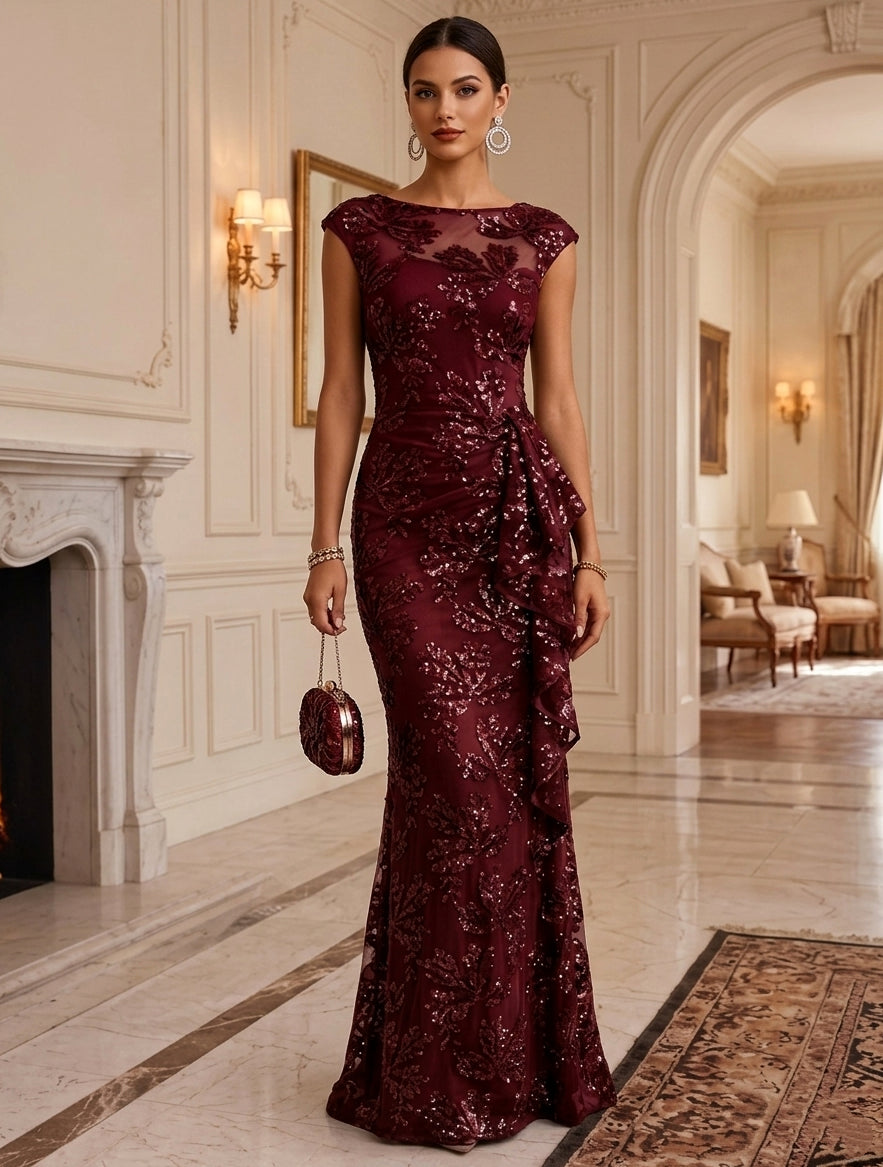 Trumpet/Mermaid Boat Neck Sequins Formal Dresses Sleeveless Floral Floor-Length Ruffles Evening Dresses