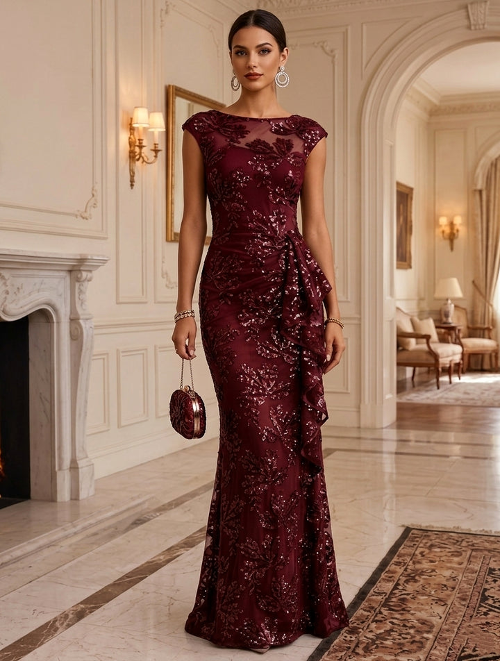 Trumpet/Mermaid Boat Neck Sequins Formal Dresses Sleeveless Floral Floor-Length Ruffles Evening Dresses