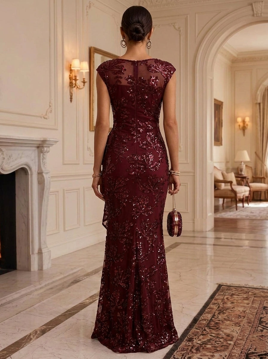 Trumpet/Mermaid Boat Neck Sequins Formal Dresses Sleeveless Floral Floor-Length Ruffles Evening Dresses