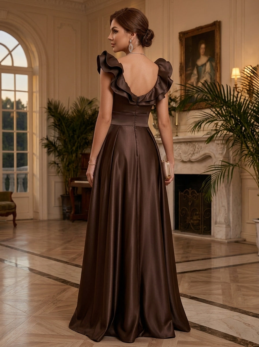 A-Line/Princess V-Neck Satin Formal Dresses with Split Side Ruffles Floor-Length Sleeveless Evening Dresses